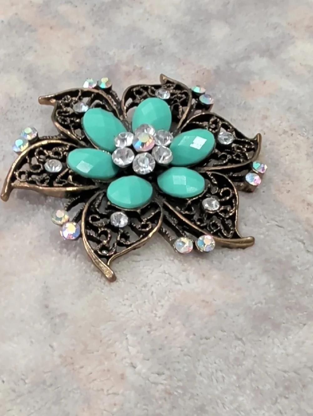 Vintage Turquoise Floral Crystal Brooch Retro Costume Jewelry